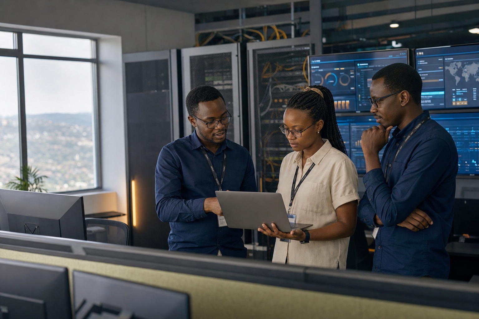 Infrastructure engineers collaborating in a network operations center in Kigali