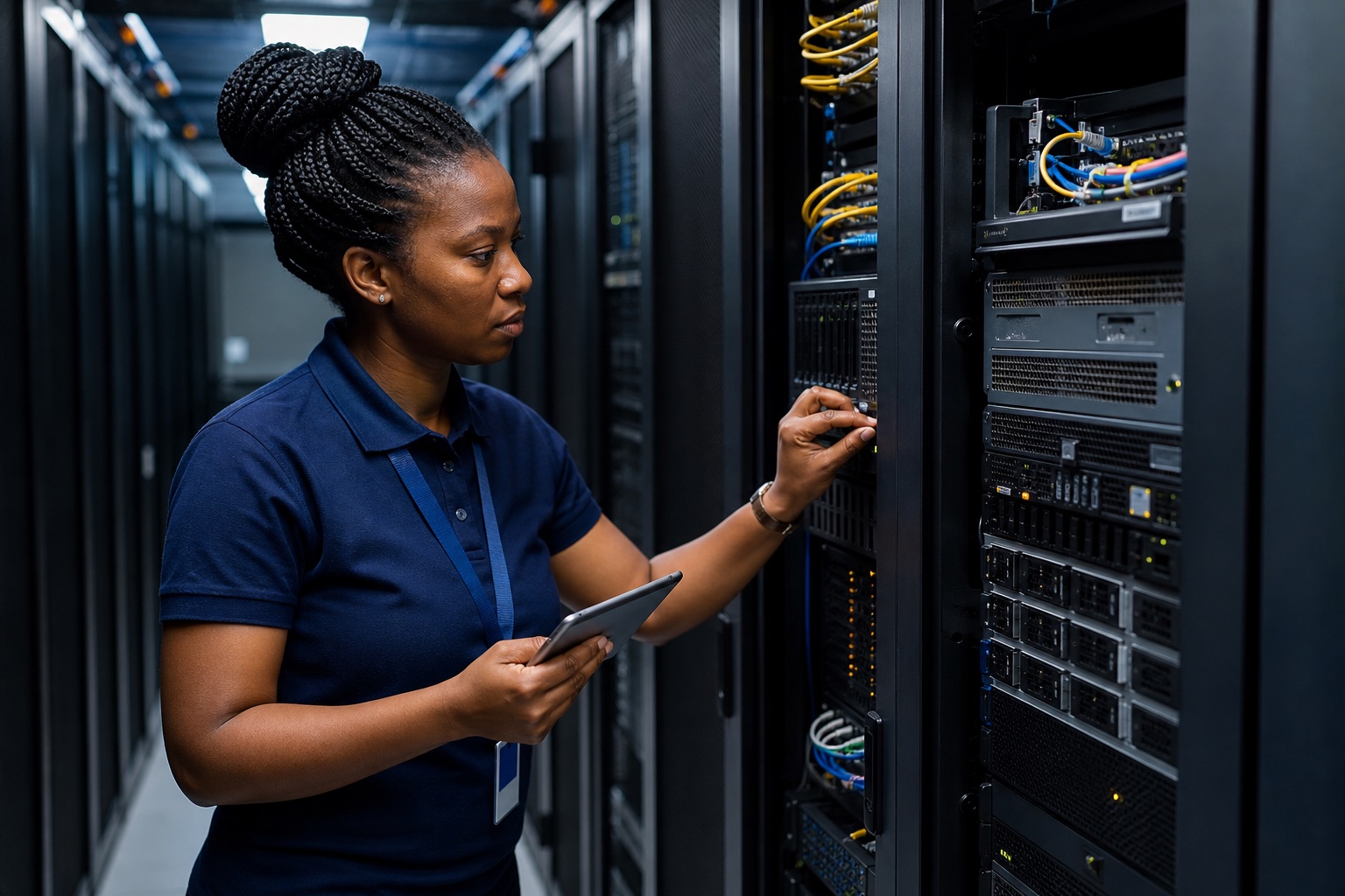 An infrastructure engineer inspecting backup systems inside a data center
